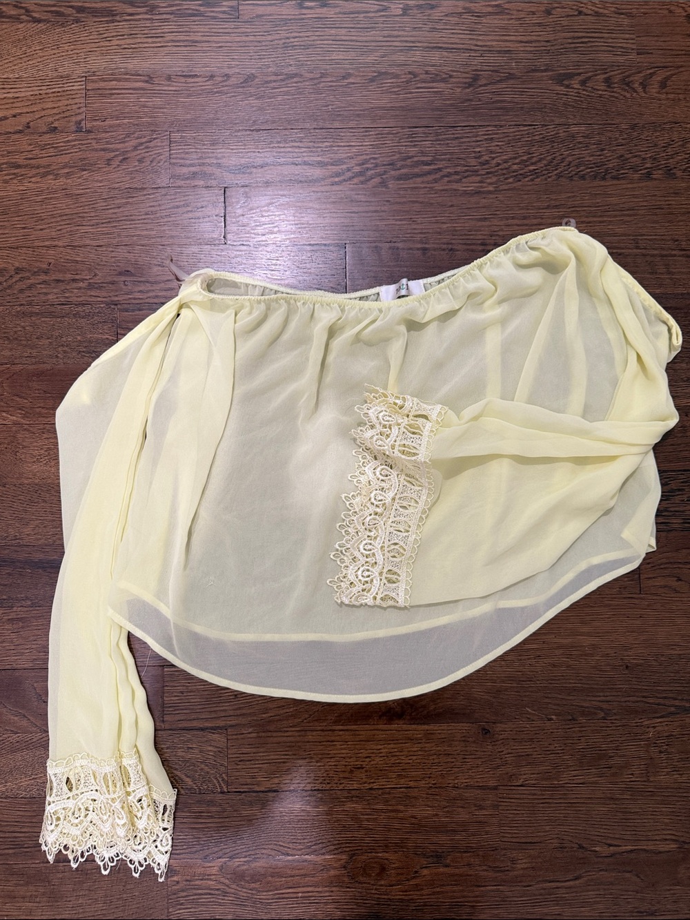 Sheer Light Yellow Off-Shoulder Blouse with Lace Cuffs